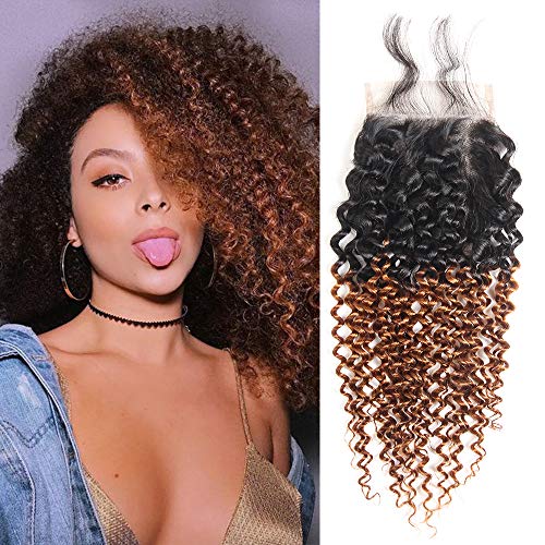 Ombre Kinky Curly Hair Lace Closure 4x4 Color 1B/30 Brazilian Human Hair Closure Free Part (Free Part 10")