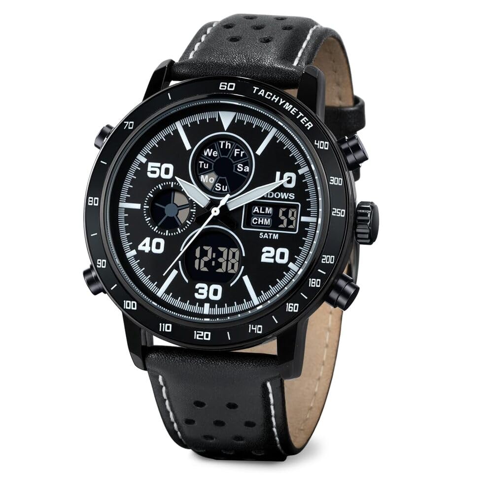 Image of PINDOWS Watch for Men Black Brown Analog Digital Sport Multifunction Luminous LED Dial Waterproof Watches Fashion Wristwatches