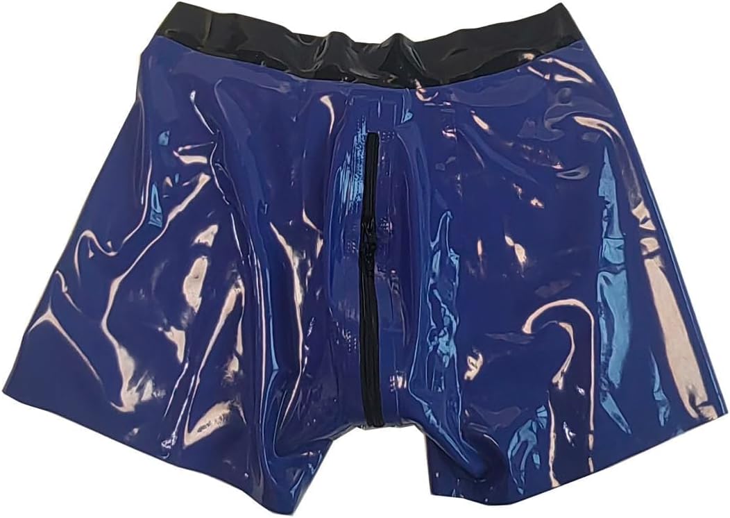 ABWL Blue Latex Boxer Shorts for Men,Latex Underwear with Front Zipper, Natural Rubber Man's Panties Cosplay Party Costumes