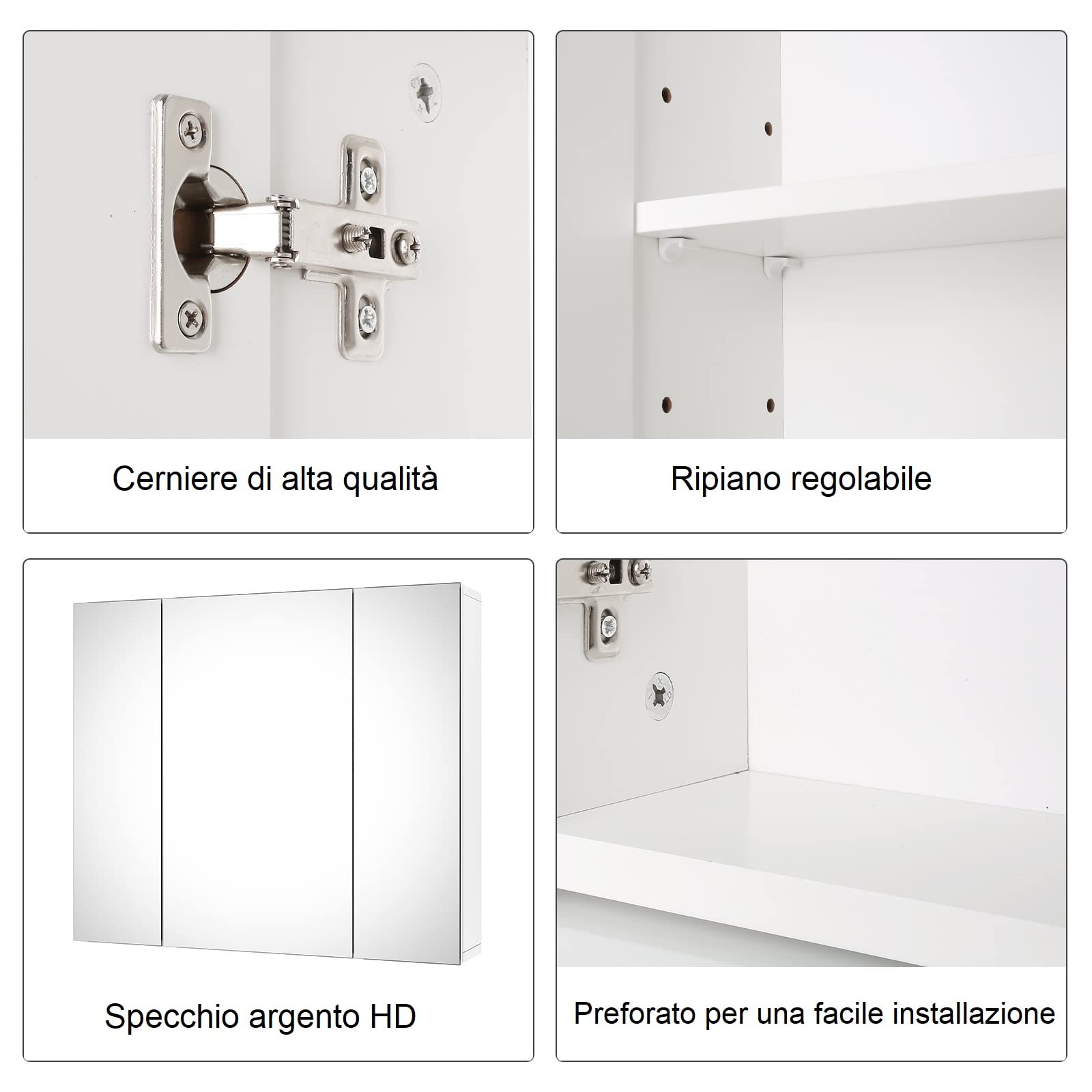 FOREHILL Armadietto a Specchio per Bagno Con Contenitore, 3 Ante e 2 Ripiani Regolabili, Mobiletto 70x15x60cm Bianco