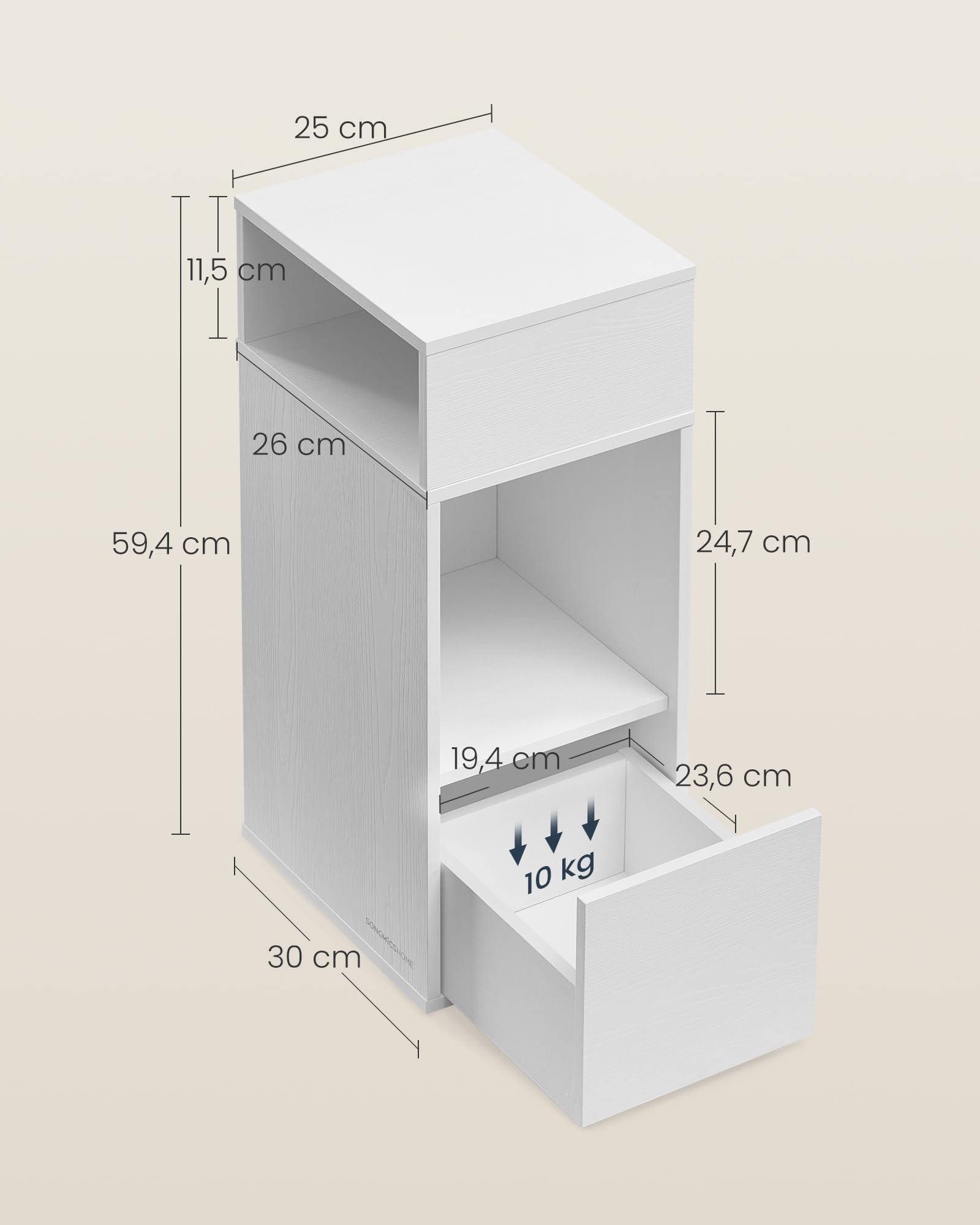 SONGMICS HOME Nachttisch, superschnelle werkzeuglose Montage, Toolless-Technologie, Nachtschrank mit Schublade, Beistelltisch schmal, platzsparend, 30 x 25 x 59,4 cm, Schneeweiß LET911WE01