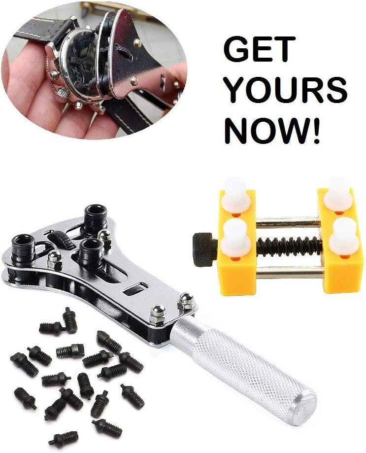 Set of Watch Repair Kit, 3 Point Wrench Screw Case Remover Tool, Adjustable Watch Back Case Opener, Battery Replacement and Movement Holder, Heavy Duty Stainless Steel