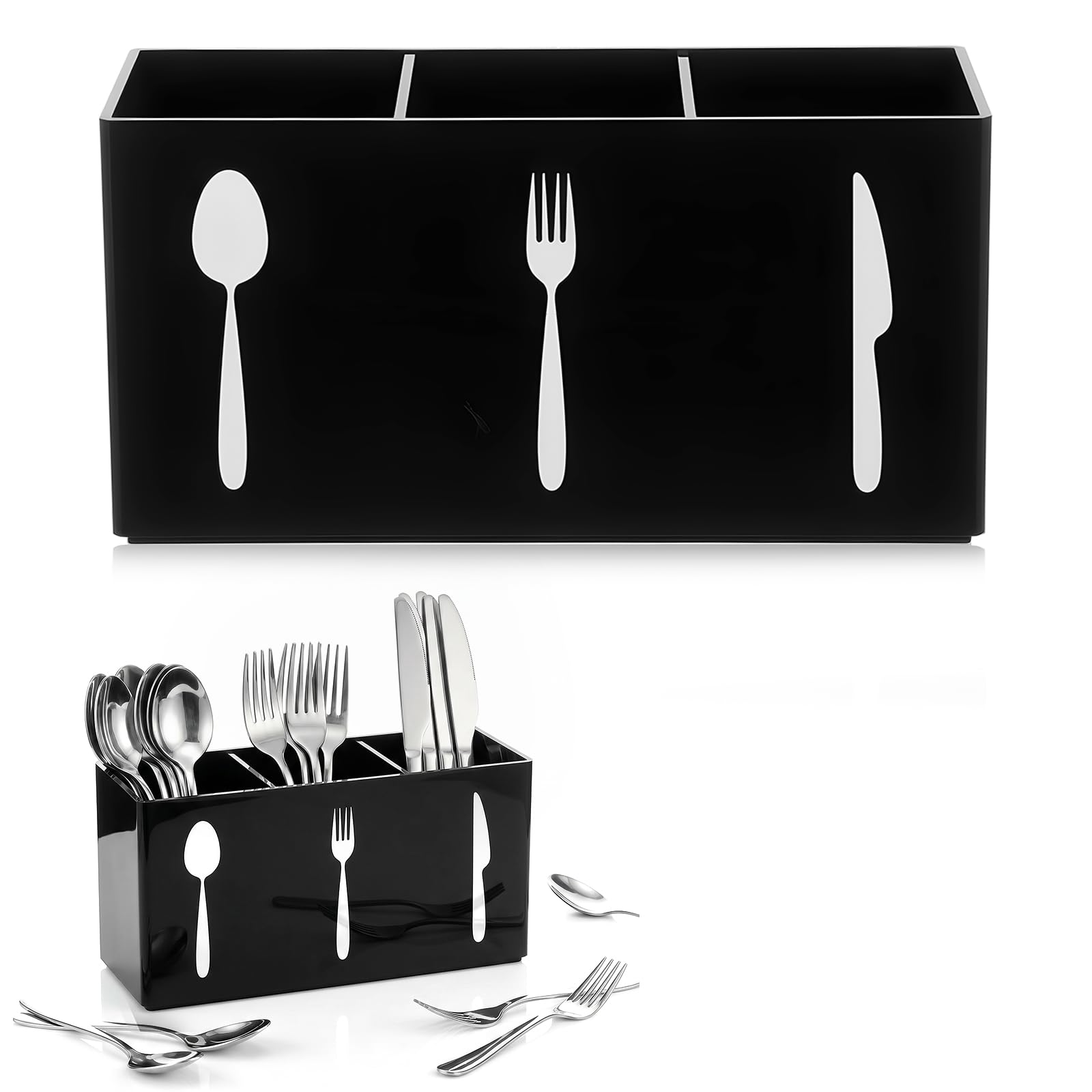 Range-couverts noir à 3 sections en acrylique pour comptoir, buffet et placard de cuisine