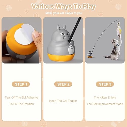 Miniatura 5 de Juguete interactivo giratorio de 360 para gatos, juguete automático para gatos con base despegable, pluma móvil, pez y campana, teaser desmontable