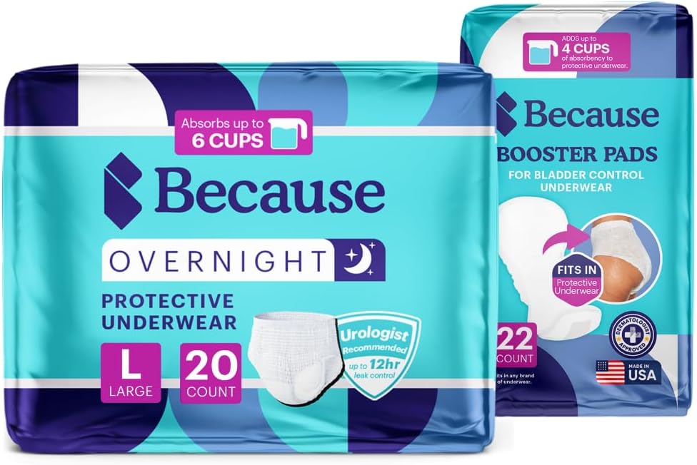 Because Overnight Protection Bundle – 20 Count Underwear, Large Size, & 22 Booster Pads for Adult Incontinence, Heavy Absorbency & Leak Protection for Nighttime Comfort