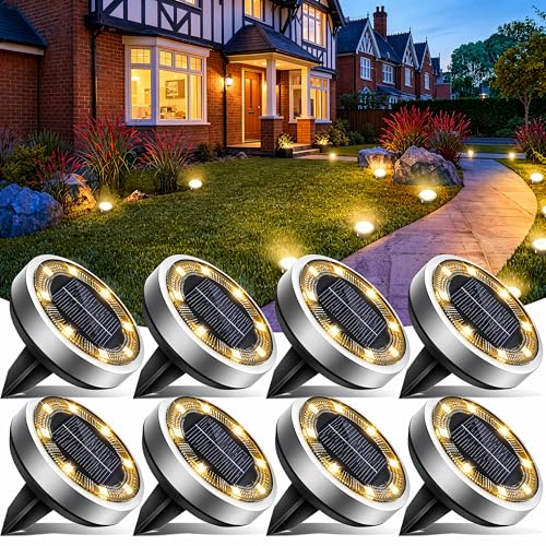 Image of vighep Solar Lights Outdoor Garden, 8 Pack Super Bright Led Solar Ground Lights, IP65 Waterproof Disk Light, Flat Pathway Lighting for Garden Lawn Patio Deck Walkway Landscape-Warm White