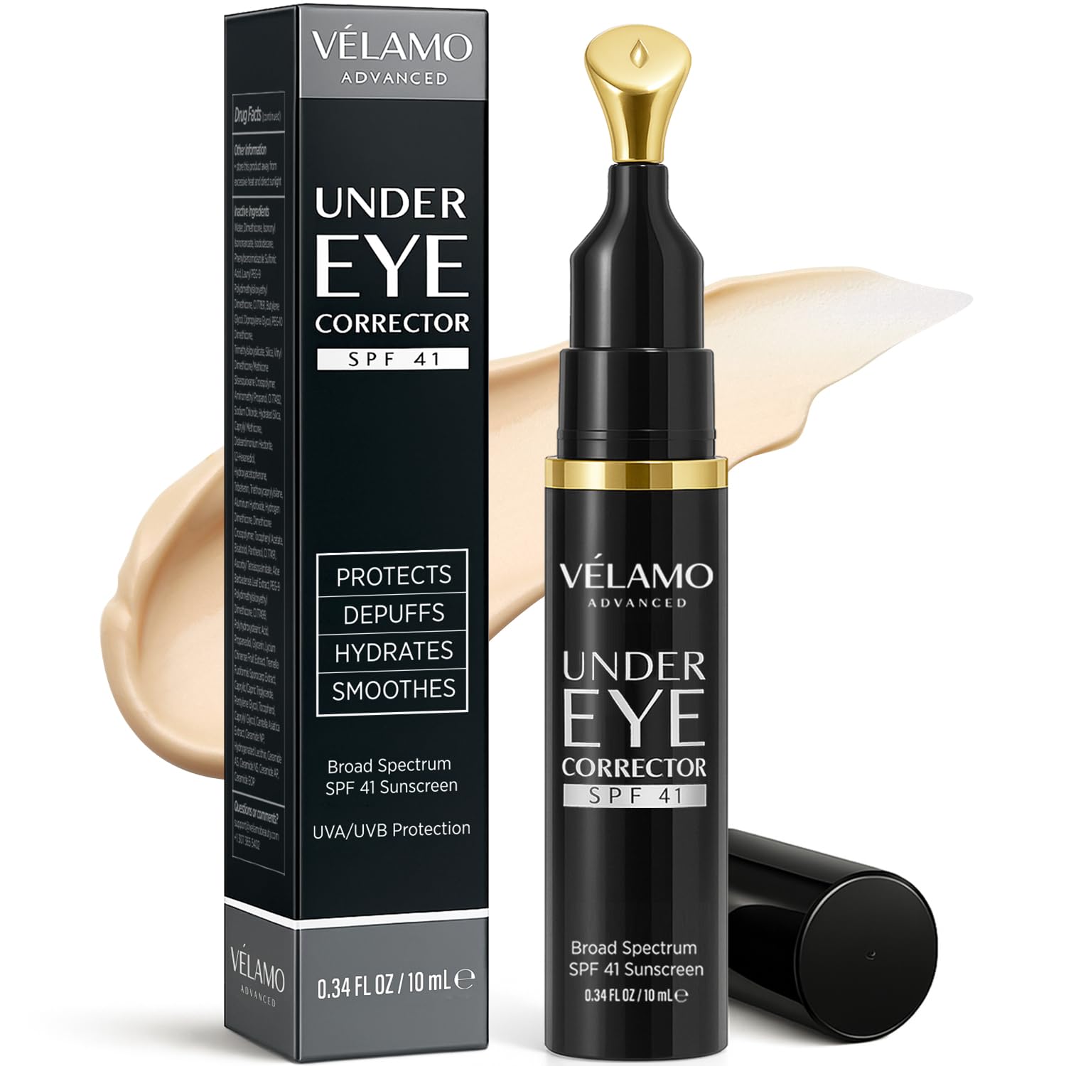 VELAMO ADVANCED Luminous Eye Corrector SPF 41: Under Eye Color Corrector for Dark Circles, Fine Lines & Puffiness – Hydrating Anti Aging Eye Cream with Ceramides Complex – Medium, 0.34 FL OZ/10mL