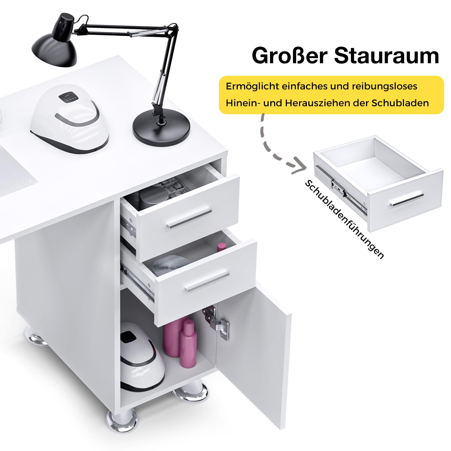 Nageltisch mit Staubabsaugung | Profi Manikürtisch für Nageldesign | Stabiler Nagelstudio Tisch mit 2 Schränken, 2 Schubladen, Handauflage & 4 Staubsaugerbeuteln (Weiß)