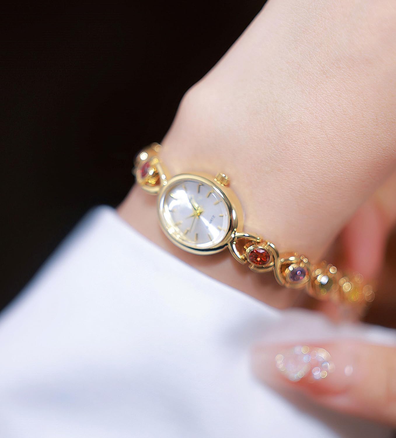 ADSBIAOYE Luxury Vintage Colorful Crystal Oval Women's Watch Fashion Ladies Small Dial Quartz Wrist Watch Waterproof Watch with Stainless Steel Band - Image 2