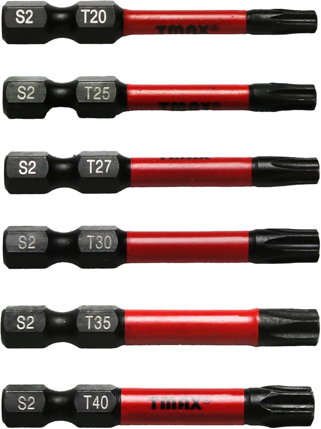 TMAX 12 pc T6-T40 Torx Star 6 Point Black High Torque Impact Screwdriver Insert Bits Set S2 Steel Torsion Resistant, 2 Inch Long, 1/4 Inch Hex Shank with Quick Release Slot