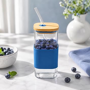 400 ML Bambu Kapaklı Cam Pipetli Bardak, Silikon Kılıflı Cam Su Bardağı, Yeniden Kullanılabilir Cam Pipetli İçecek Bardağı, Kahve Smoothie Soğuk İçecek Bardağı, Lacivert