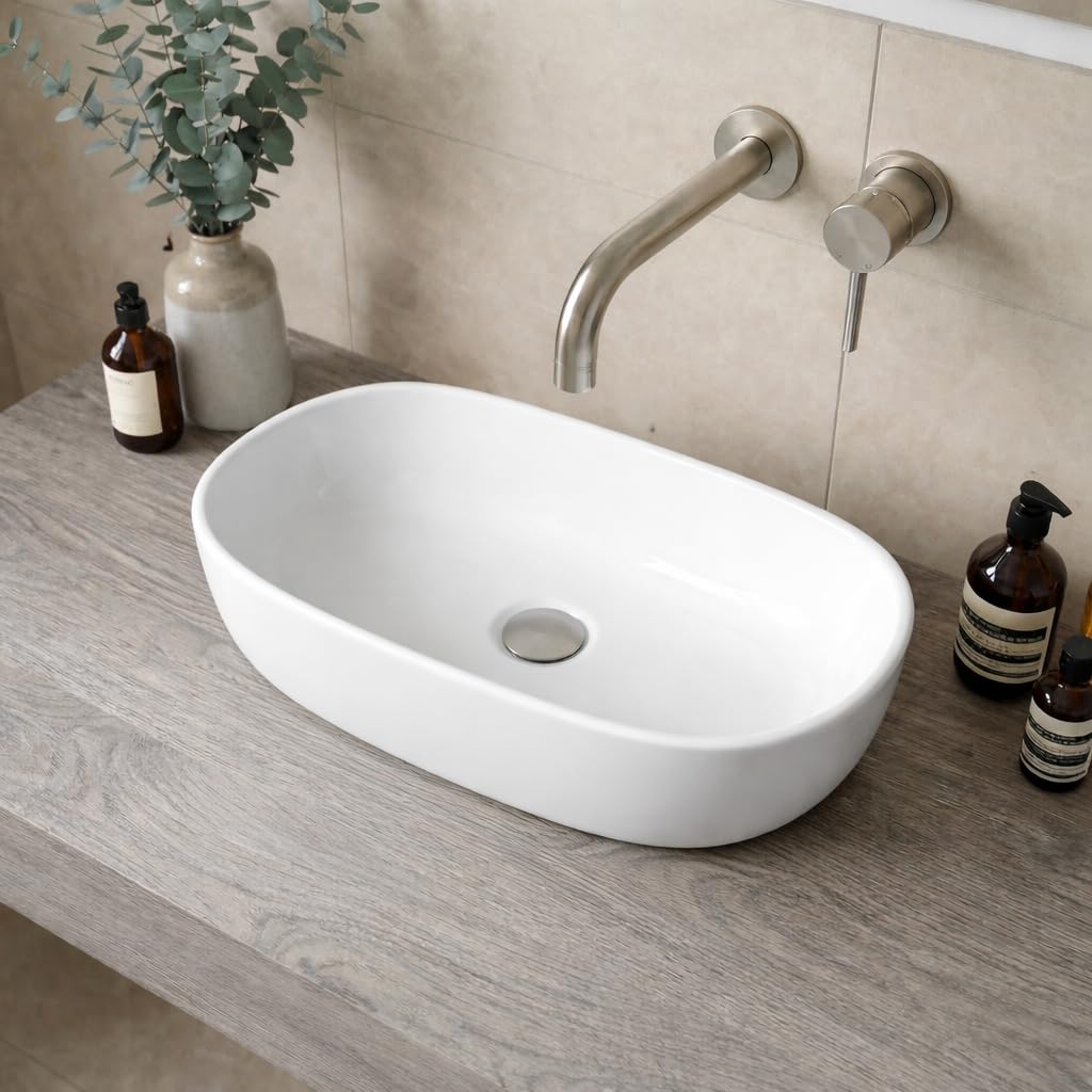 Affine® Countertop Basin for Bathroom and Cloakroom Hand Wash Basins Sink Modern White Gloss Oval, 600 x 380mm