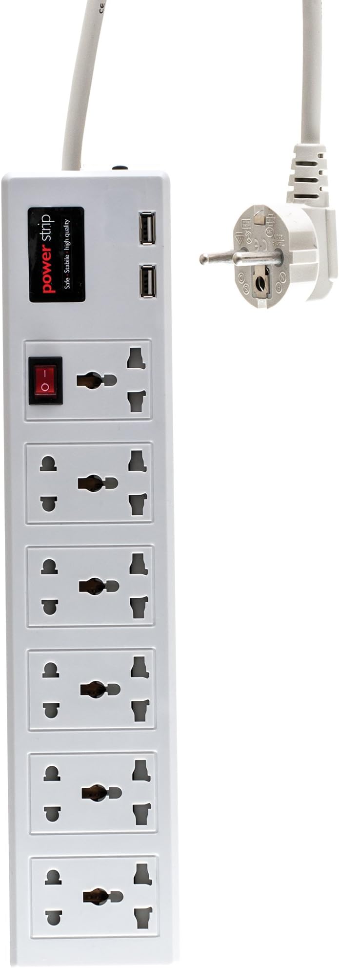 Universal Power Strip 6 Outlets - 2 USB ports - 100V to 220V/250V and 2500 Watts Surge Protector - With circuit breaker - Universal worldwide outlets - EU plug