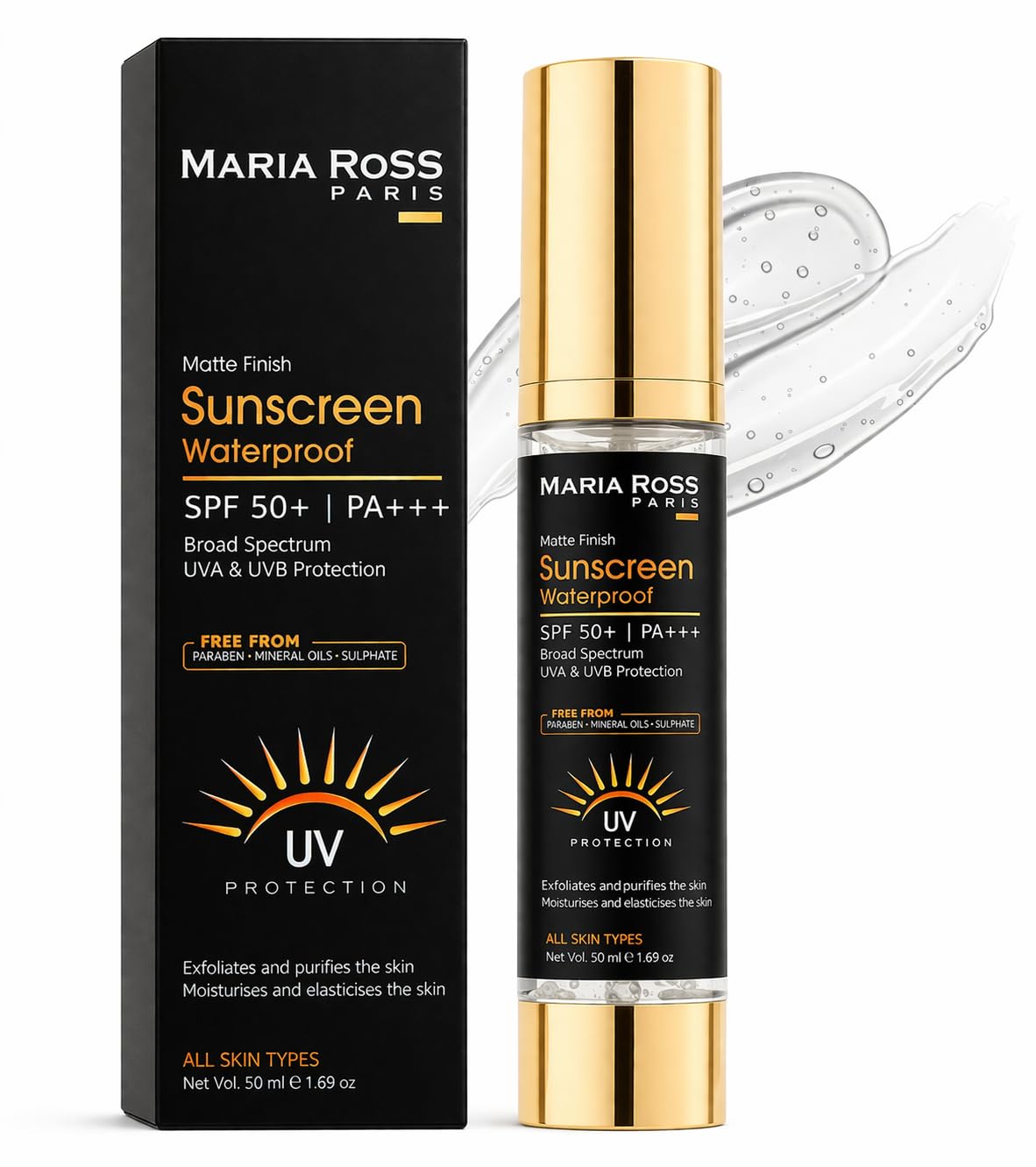 Maria Ross UV protection | Aqua Gel SPF 50 PA+++ | Hyaluronic Sunscreen | Sweat Resistant, Water Resistant| For Oily, Dry, Acne-prone Skin | Ultra Light Gel with Matte Finish | Non-Greasy | No White Cast | Broad Spectrum Protection & Blue Light Protection | For Men & Women | 50 g-image-3