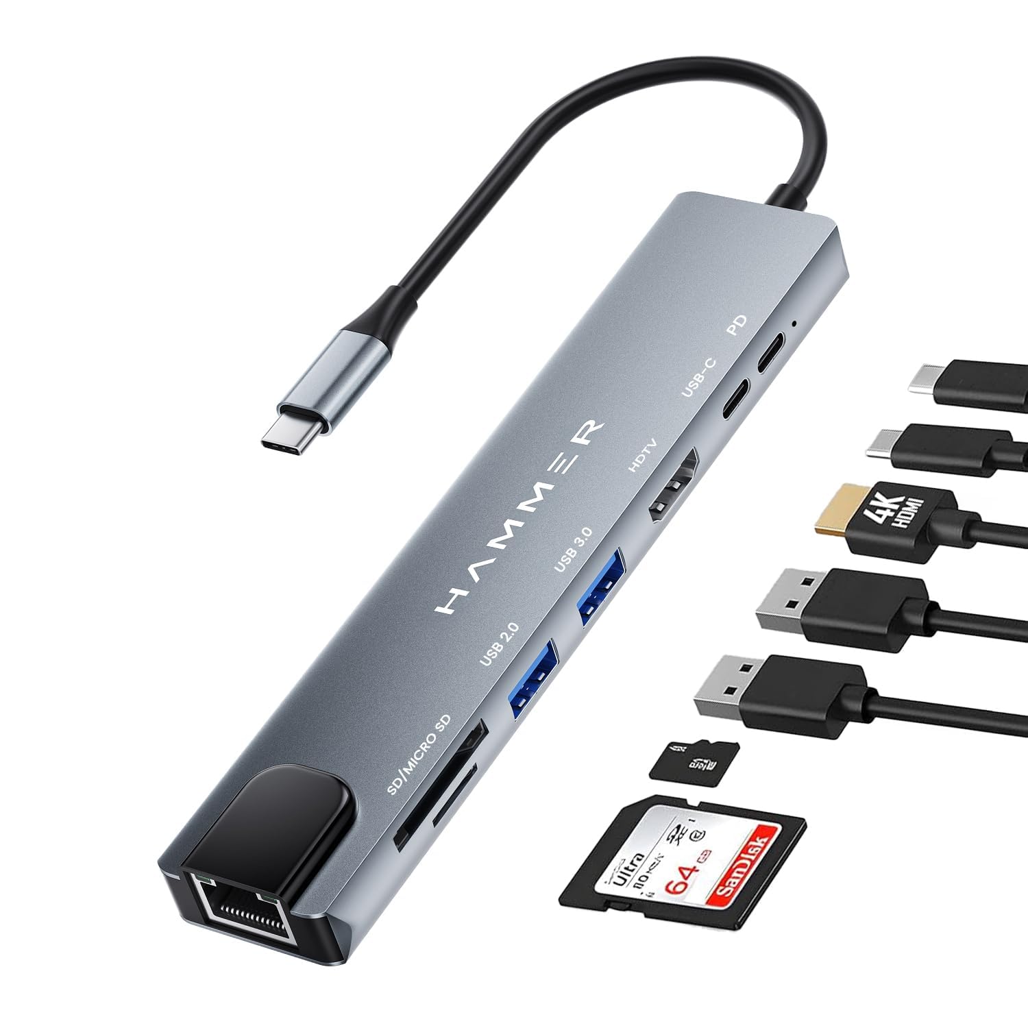 HAMMER 8-in-1 USB-C Hub | 100W PD Charging, 5Gbps Data Transfer, HDMI 4K, (RJ45) Ethernet Port, SD/TF Card Reader, USB 3.0 & 2.0 | Multiport Adapter for Laptop, MacBook, & Smartphones (Grey)-image-11