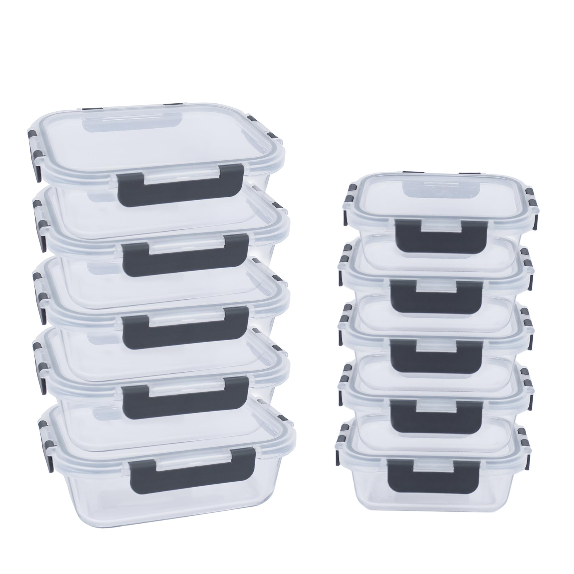 Alivio Pack of 10 Food Storage Containers, Meal Prep Containers with Leakproof Lid, Airtight Lunch Box, Microwave, Oven, Freezer & Dishwasher Glass Storage Box (Transparent, Set of 10pc)