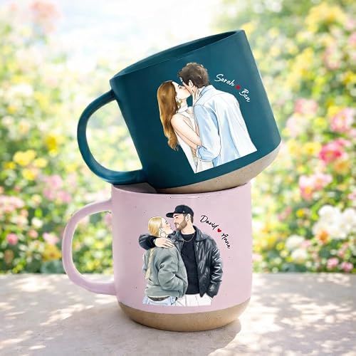 Custom Valentine Pottery Mug with Watercolor Photo, Personalized Couple Coffee