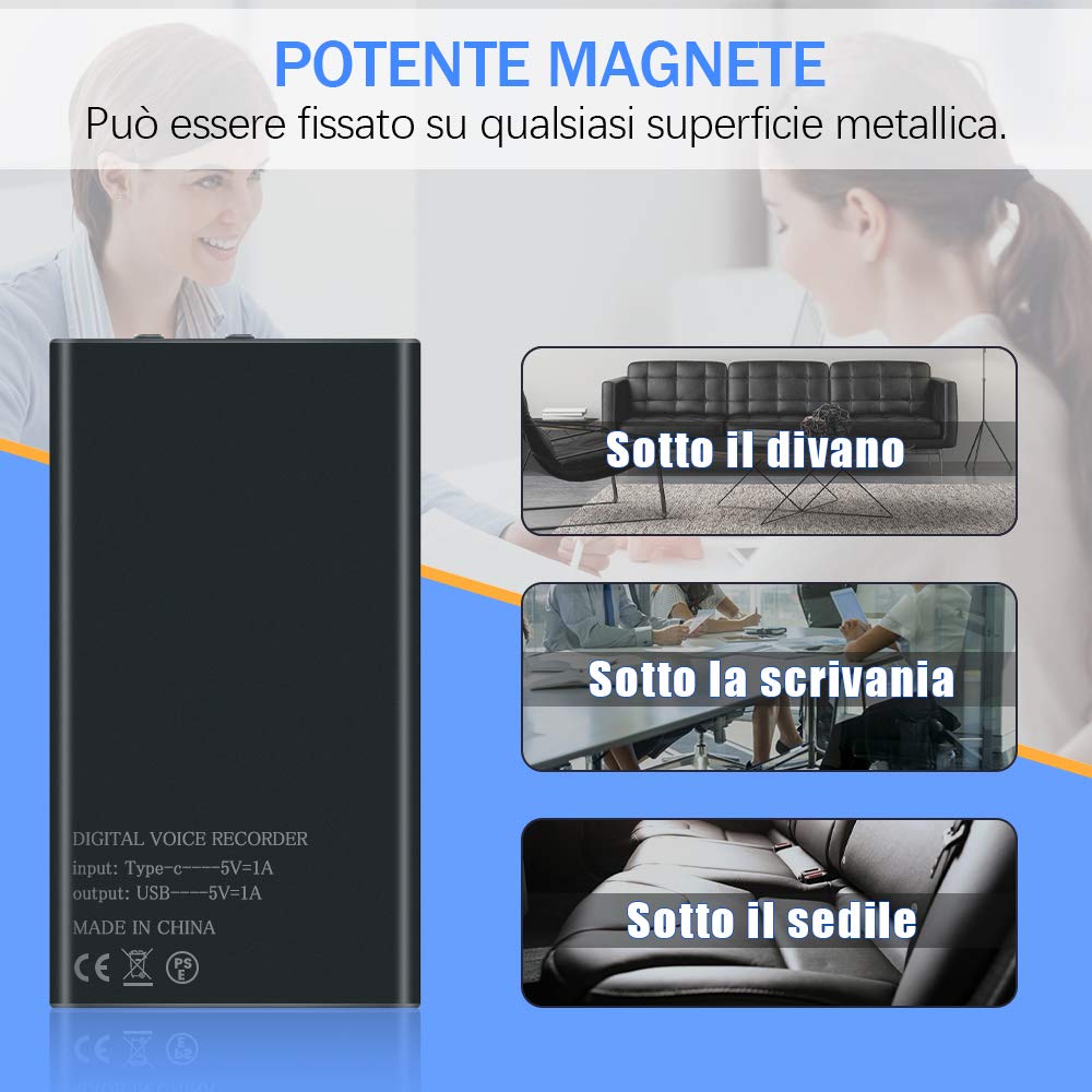 TDW 32GB Registratore Vocale Professionale con Attivazione Vocale, 2500mAh Registratore Audio con Durata Della Batteria di 288 ore e 365 Giorni in Standby - Portatile Magnetico Registratore Vocale