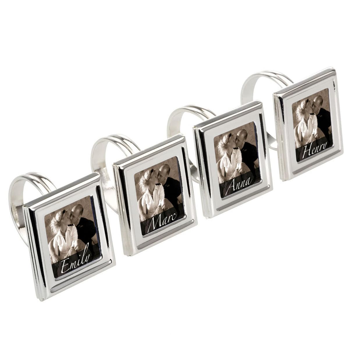 Lot de 4 ronds de serviette photo rectangulaires 4,5 x 4 cm - Décoration de table - Plaqué argent de qualité supérieure - Prêt à offrir dans un emballage cadeau chic