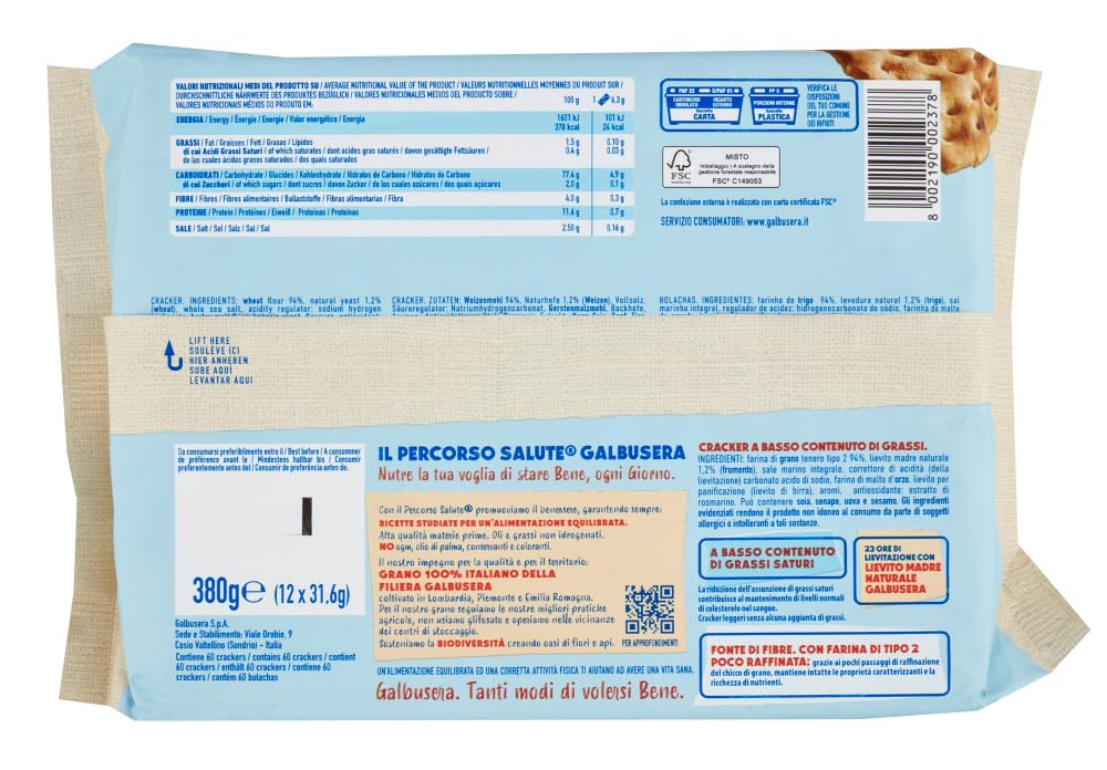Galbusera Magretti Cracker a Basso Contenuto di Grassi Saturi, Semplicemente Acqua e Farina Leggeri e Fragranti 380g