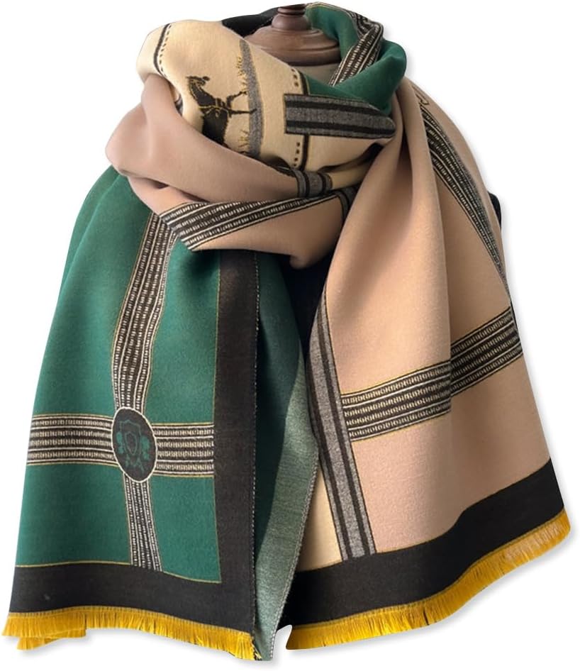 Winter Scarf Cashmere Shawl Women Color Blocked Horse Pattern Reversible Scarf With Tassel Pashmina Shawls And Wraps