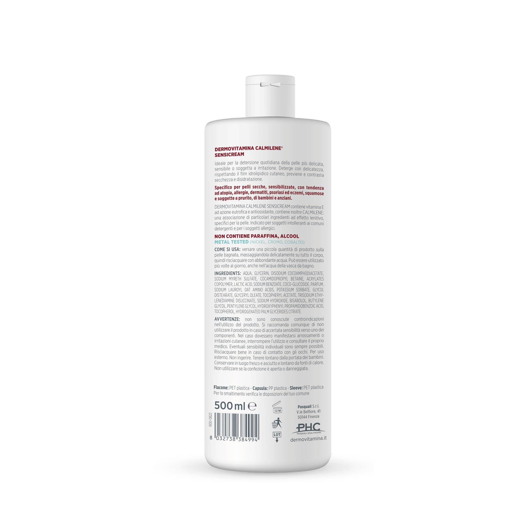 Dermovitamina Calmilene Sensicream Detergente 500 ml - Detergente Viso - Crema Idratante Viso e Corpo - Per pelle sensibili e dermatiti - Con Vitamina E e Calmilene - Senza Sapone