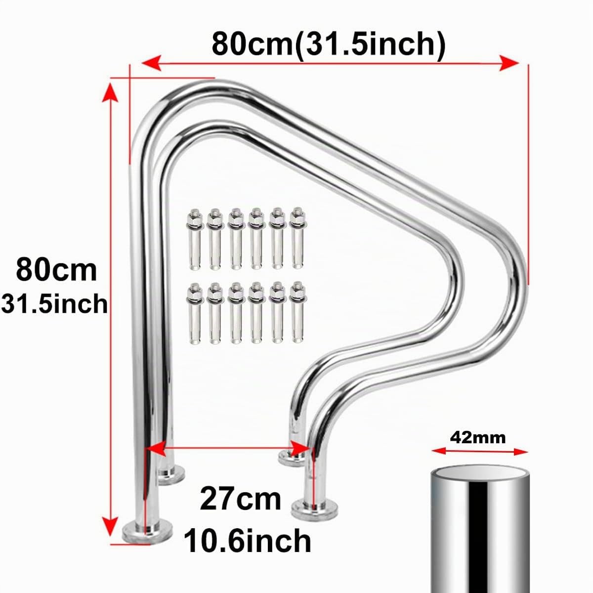 Main Courante De Piscine avec Capacité De Charge De 250kg, Mains Courantes Rampes De Piscine en Acier Inoxydable 304, avec Accessoires, 80x80cm (Size : 1 Pack)