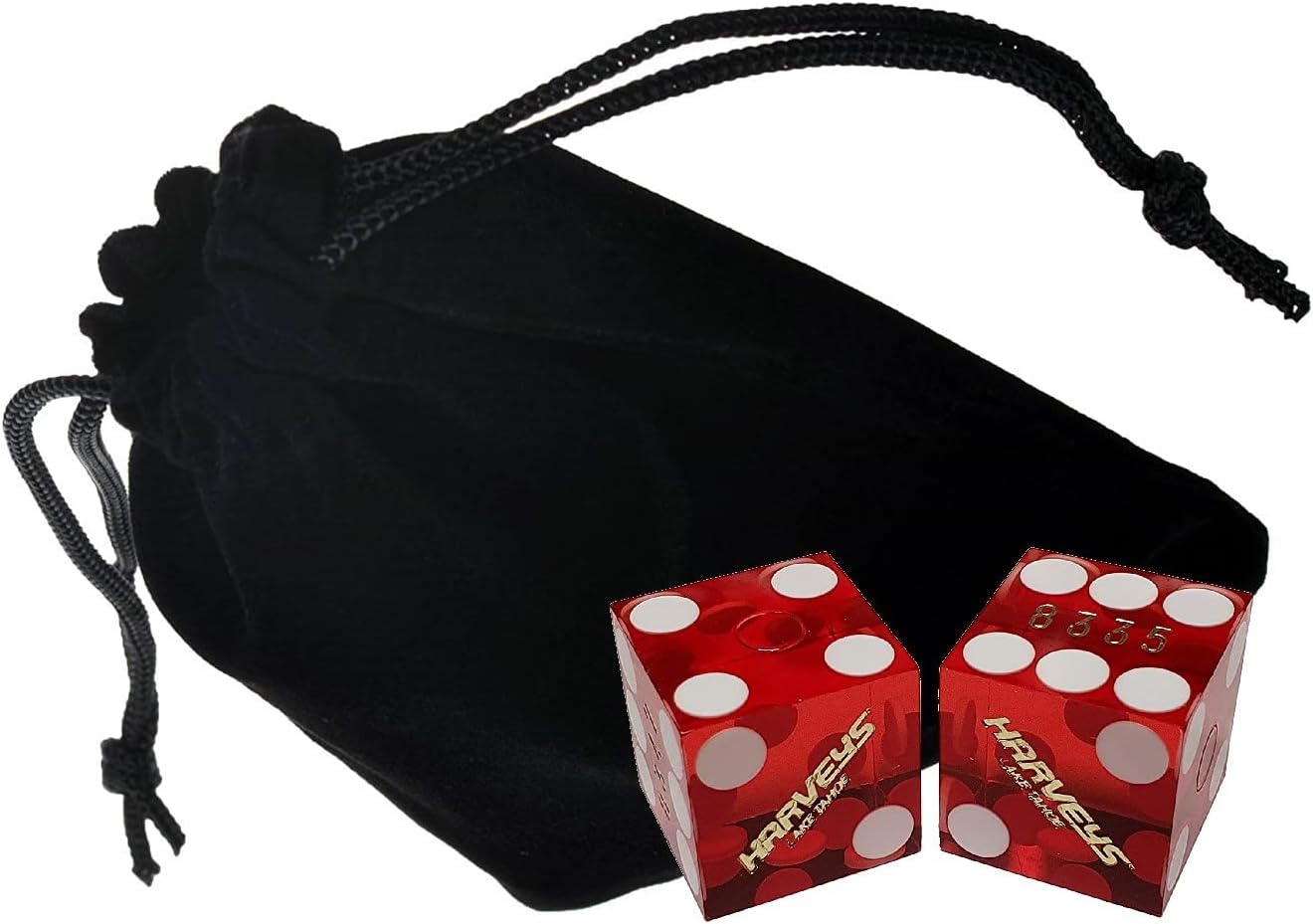 Wide Selection Authentic Lake Tahoe Reno Nevada Casino Table-Played Craps Dice Pair with Storage Pouch, Matching Serial Numbers (Lake Tahoe Harvey's - Red Polished)