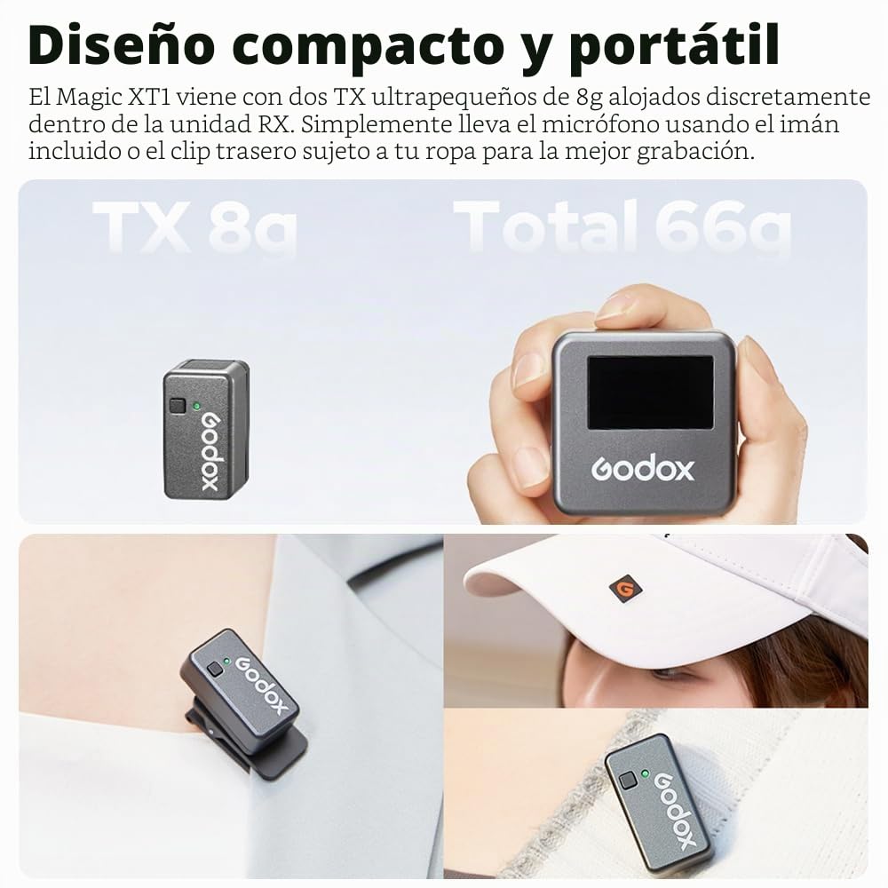 GODOX Magic XT1 Micrófono corbata inalámbrico para cámara (2 TX + 1 estuche de carga RX), mini micrófono con cancelación de ruido, batería de 16H, pantalla táctil 200 m