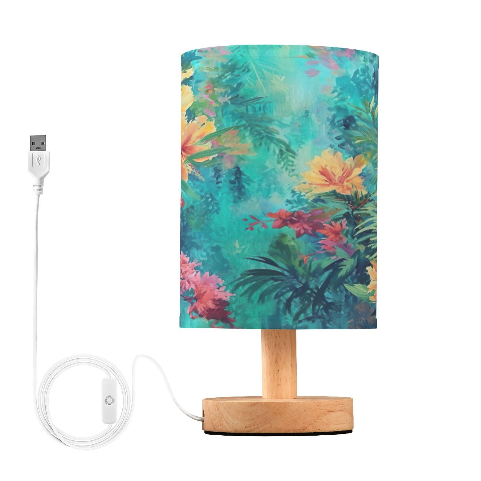 SDMKA Abstract Floral Green Bedside Table Lamp for Bedroom, Minimalist Nightstand Lamp with Round Fabric Shade for Living Room, Office, No Bulb Required