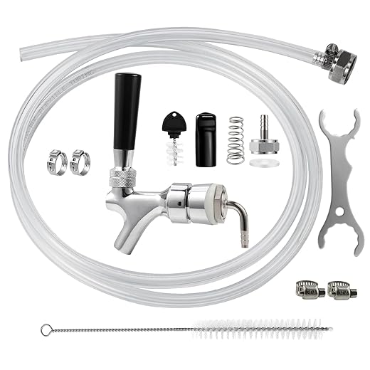 MRbrew Beer Line Shank Faucet Kit, Stainless Core Self-Closing Beer Tap with 3/16'' liquid hose & 1/4" Barb, Kegerator Tower Replacement Set for Draft Beer Dispenser - Include Tap Wrench & Hose Clamps