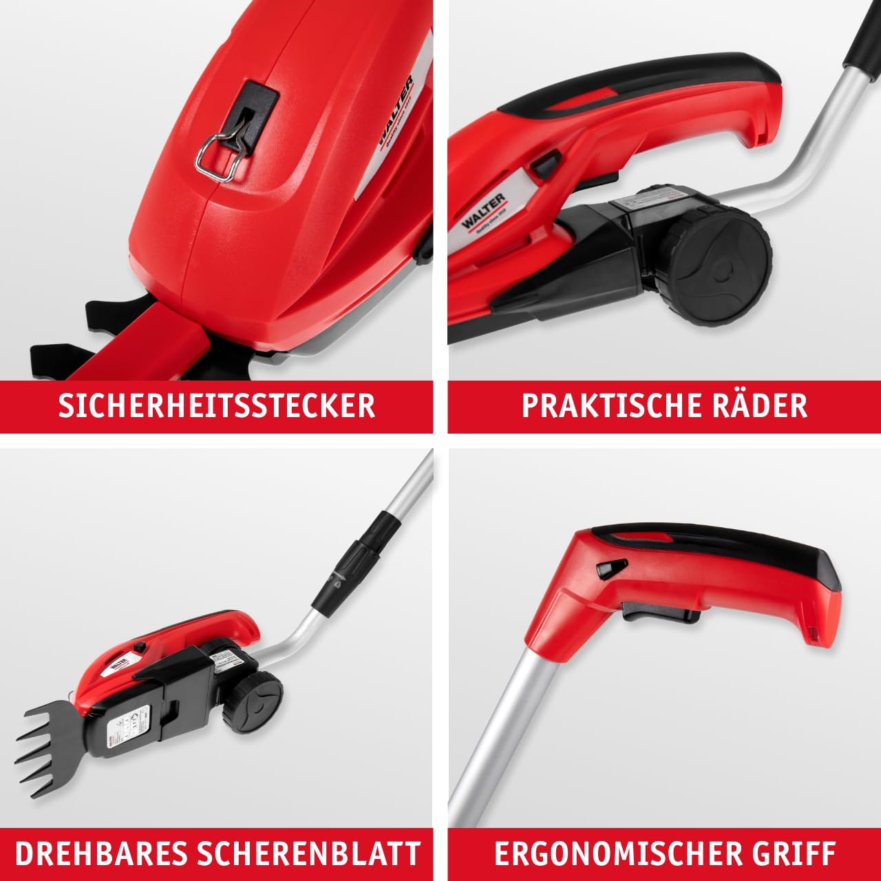 WALTER Akku-Gras- und Strauchschere 7,2 V Li-Ion - Flexibles 2-in-1 Gerät, LED-Ladestandsanzeige, Austauschbare Schnittmesser, Kabelloses Arbeiten, Einfache Handhabung, Inkl. Teleskopschlitten