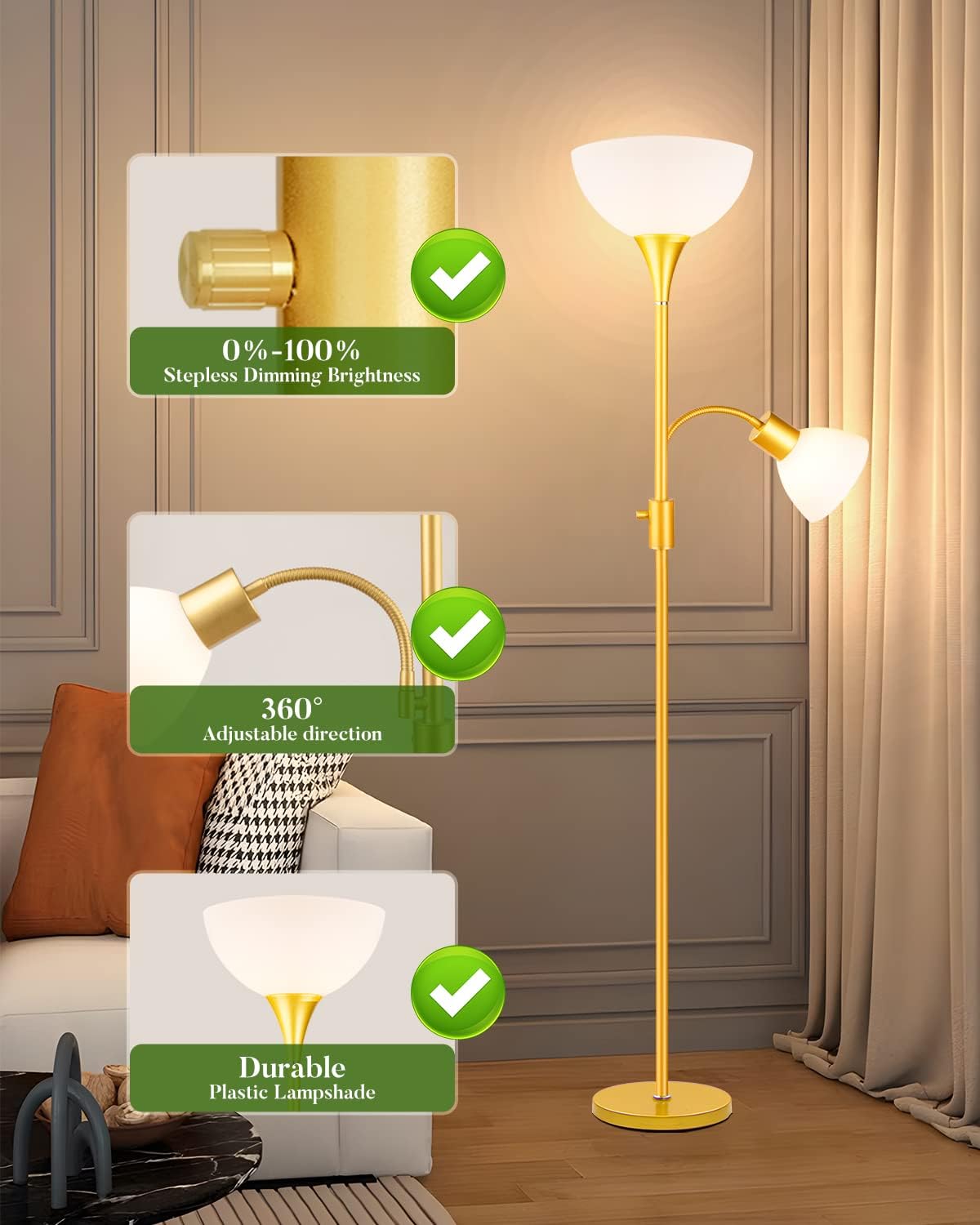 Dimmable Floor Lamp, 0%-100% Stepless Dimming,Rotary Switch,9W LED Torchiere Floor Lamp with 9W Adjustable Modern Tall Standing Lamps,Adjustable Gooseneck Reading Floor Lamp for Living Room,(Gold)