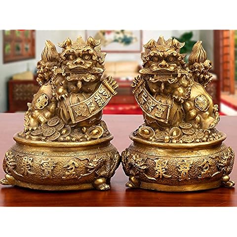 BOYULL Large Size Wealth Porsperity Brass Pair of Fu Foo Dogs Guardian Lion with Treasure Basin Statues,Best Housewarming Congratulatory Gift to Ward Off Evil Energy,Feng Shui Décor Cover