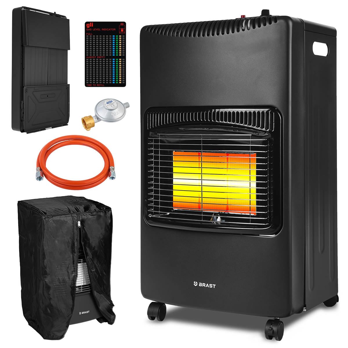 BRAST Gasheizer Keramik Vulkan 4200W | 3 Heizstufen | inkl. Schutzhülle Druckminderer mit Schlauch & Füllstandsanzeige | klappbar & mobil | für Gasflaschen bis 15kg | Gasheizung Heizstrahler Heizgerät