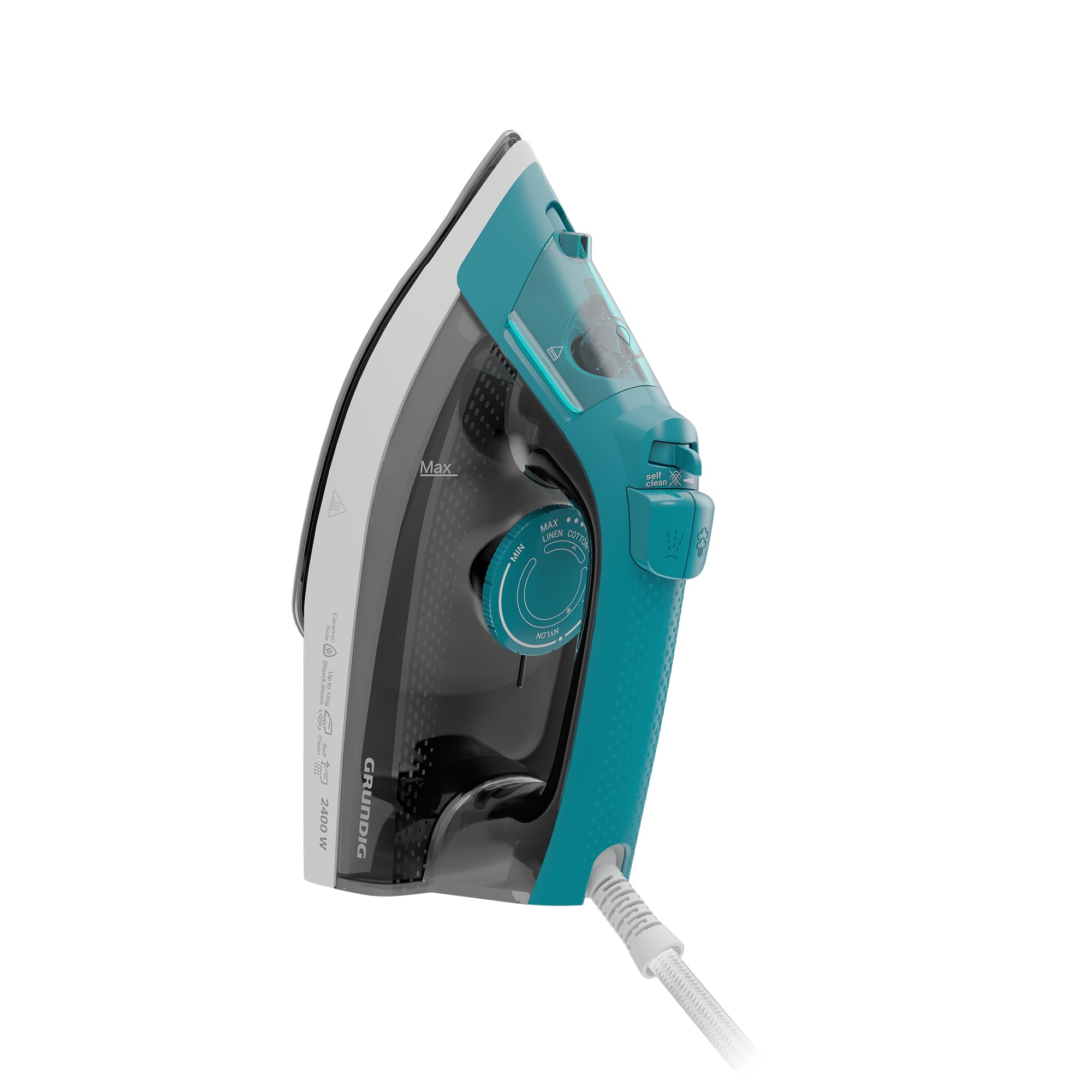 GRUNDIG SI 3550 żelazko parowe, 2400 W, uderzenie pary 120 g/min, moc pary 25 g/min, ceramiczna stopa, zbiornik na wodę 220 ml, technologia zapobiegająca osadzaniu się kamienia, biały/turkusowy
