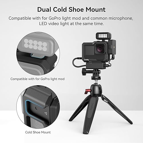 Miniatura 3 de SmallRig Hero12  Hero11  Hero 10  Hero 9 jaula negra para GoPro, con 2 soportes de zapata fría para GoPro Light Mod y micrófono común, luz de video