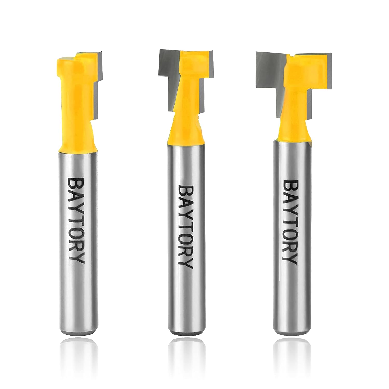 BAYTORY 3Pcs Keyhole Router Bits Set, 1/4" Shank Router Keyhole Bit Set -5/16 & 3/8 & 1/2 inch Blade Diameter for Wood Hex Bolt T-Track Slotting Milling Cutters Set (Yellow)