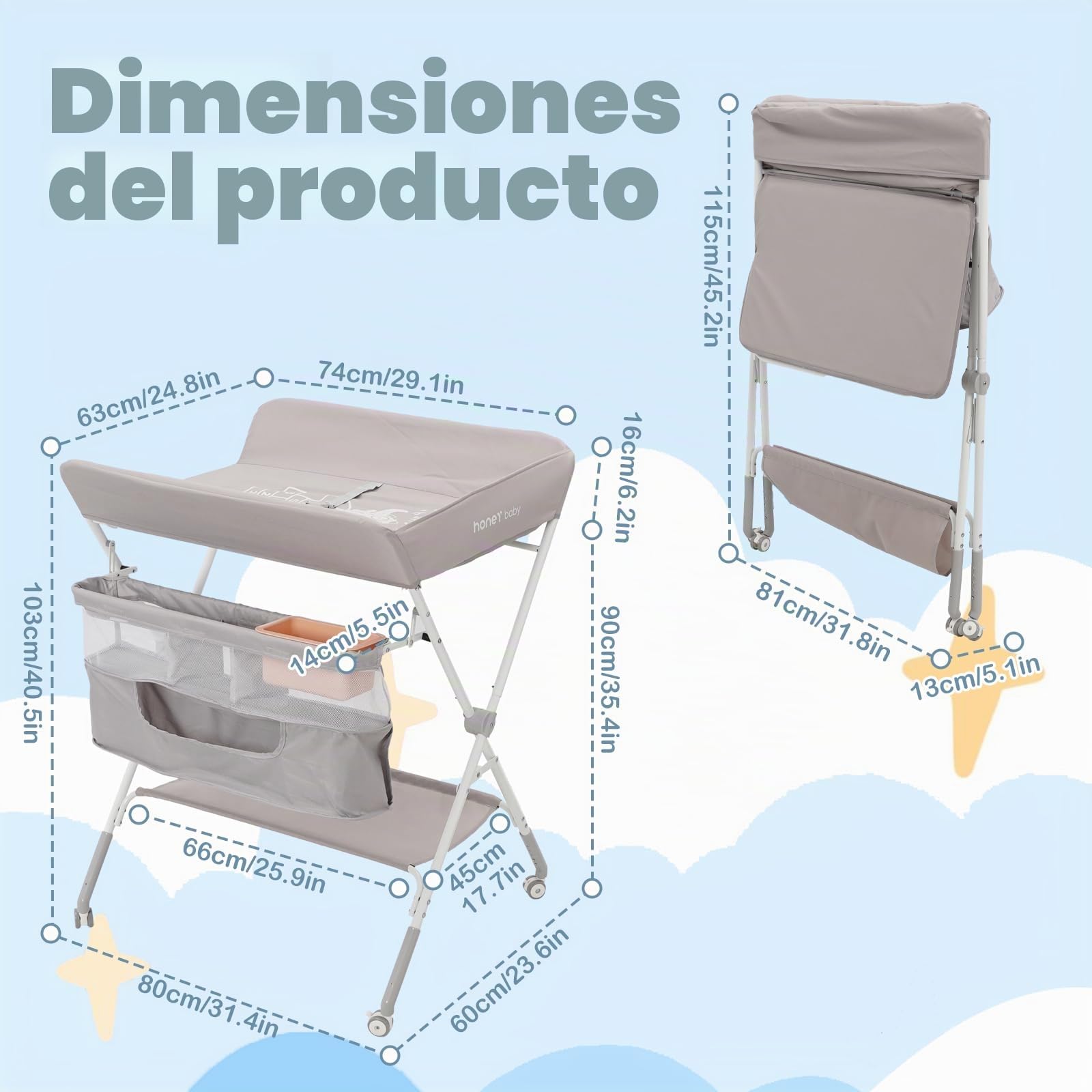 Cambiador plegable para bebé con patas de altura ajustable y ruedas bloqueables | Cambiador portátil antivuelco con almacenamiento para recién nacidos de 0 a 12 meses (gris)