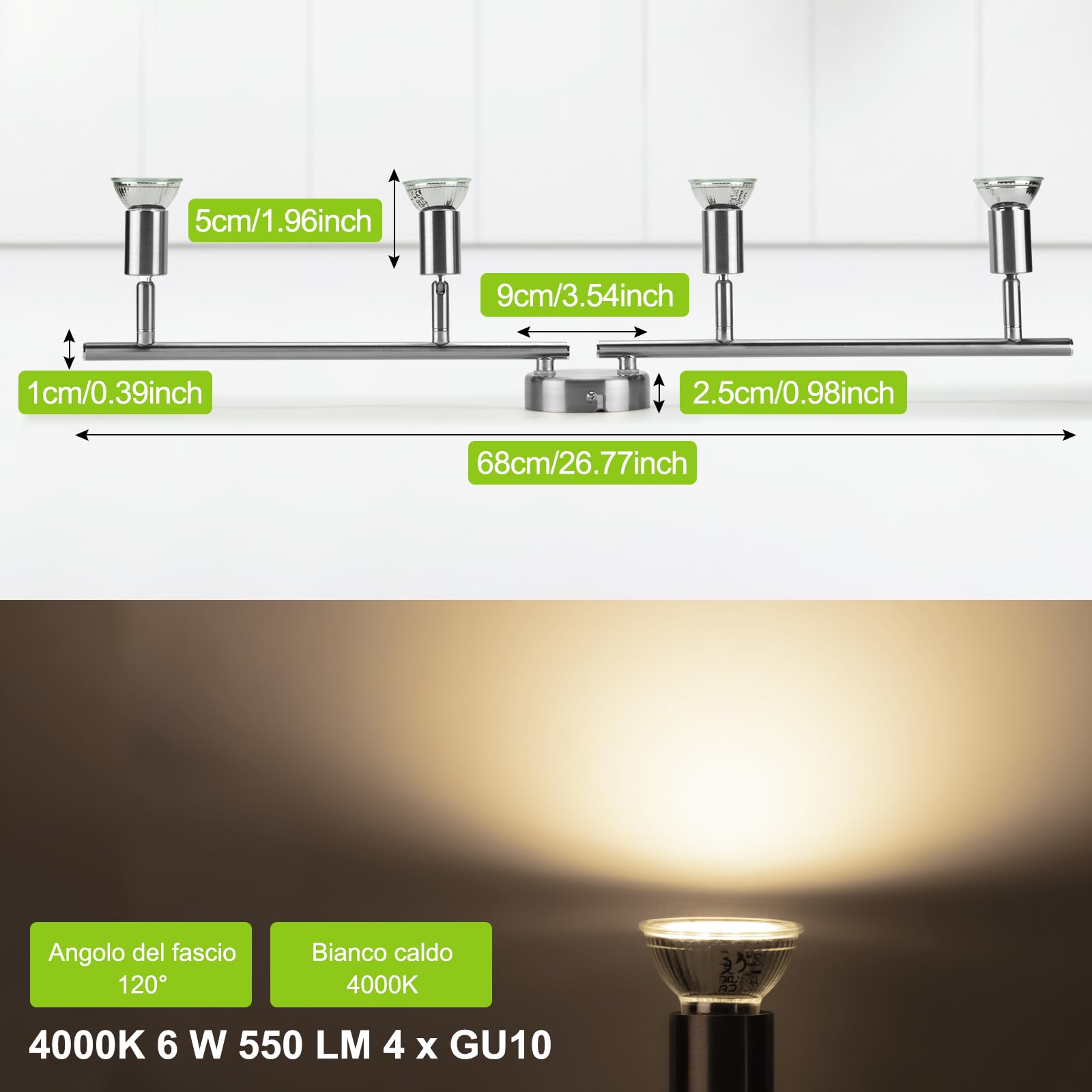 Bojim Faretti LED da Soffitto Orientabili Lampada, Plafoniera Lampadario Applique Interno, Parete Barra Luci Inclusi 4 x 6W GU10 Moderni, per Bagno Cucina Camera Corridoio, Neutra Bianco, Nichel Opaco