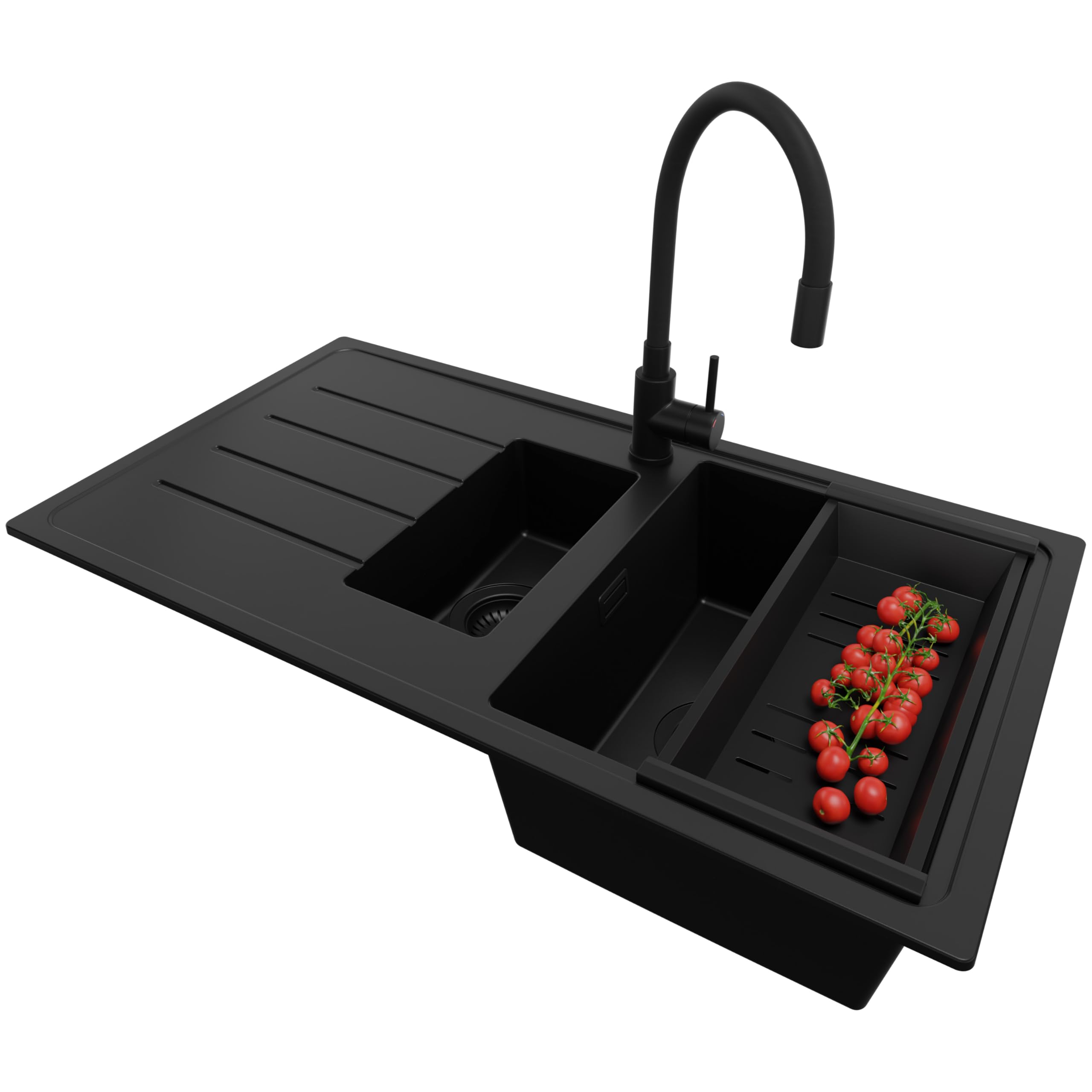 PRIMAGRAN Fregadero Granito Todo Negro 90x50cm, Cocina 1,5 Senos + Grifo 40x38cm + Sifón, Sobre Encimera al Mueble 60cm - Copenhague Duo S078