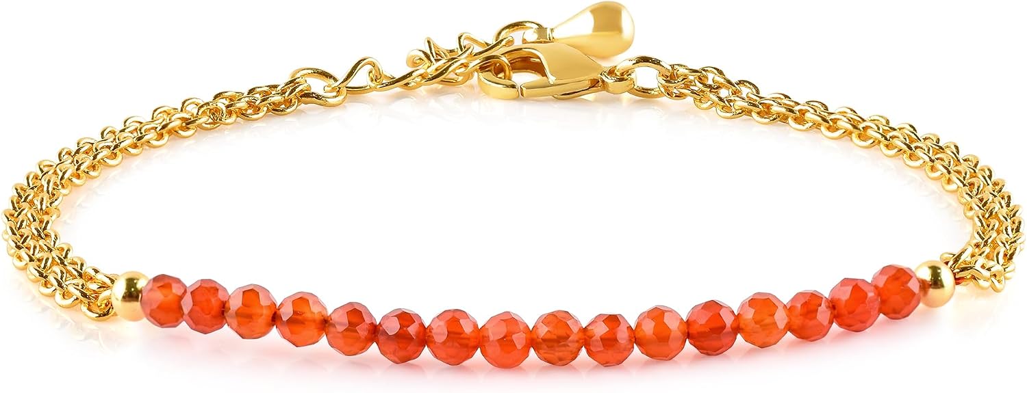 InfinityGemsArt Bracelets for Women Natural Birthstone Micro Beaded Stone Double Chain Drop Crystals Gemstones Bracelet Jewelry, 14K Gold Plated Adjustable Chain