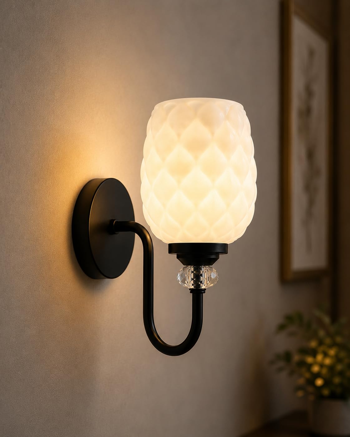with Bulb Modern Diamond Pattern Glass Wall Light | Black Metal Wall Lamp with Crystal Accent | Decorative Indoor Sconce for Living Room, Bedroom, Hallway, Dining, Restaurant & Cafe-image-46