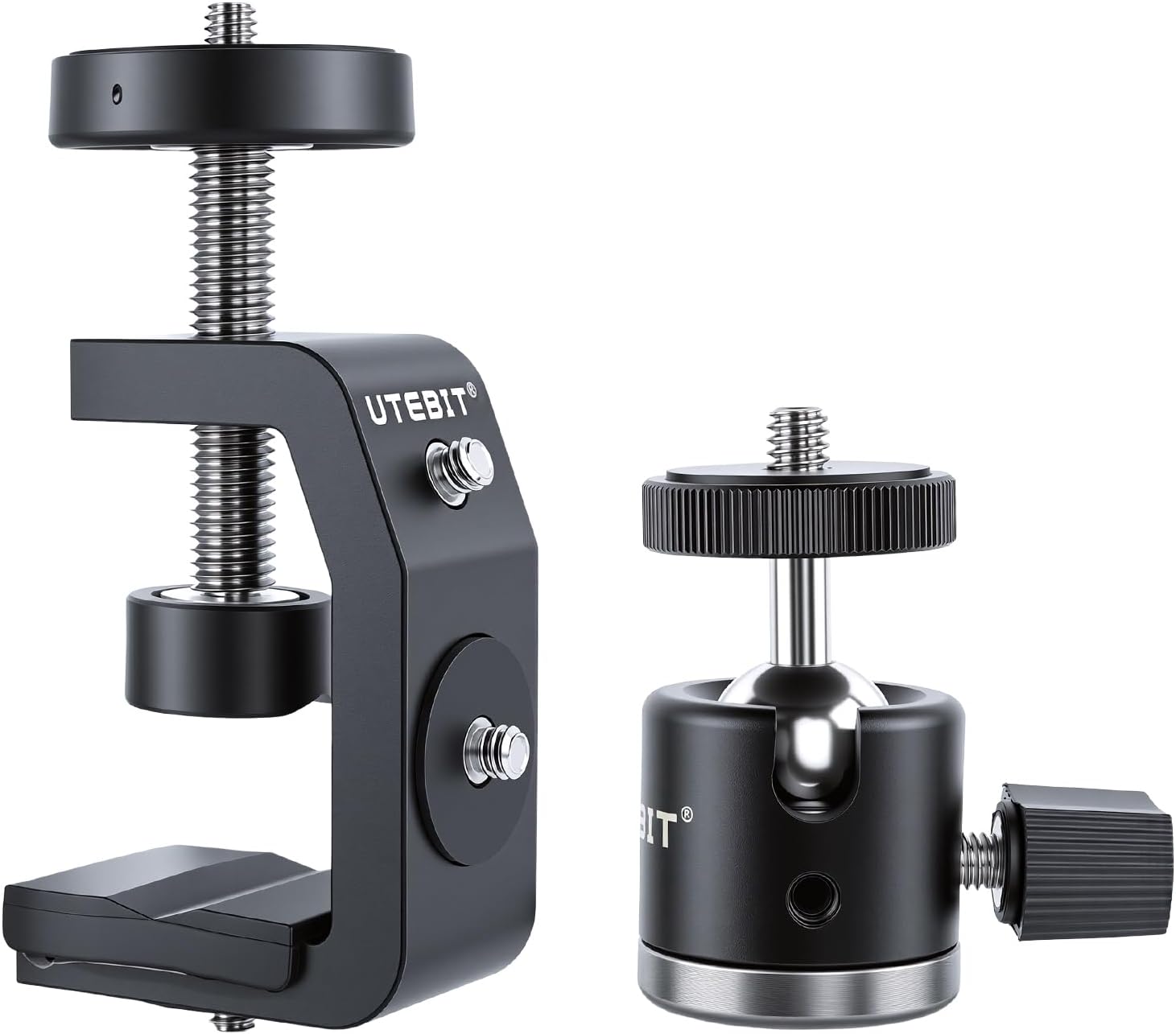 UTEBIT 40mm C-Clamp Camera Mount with Mini Ball Head, Black | 1/4 Thread Hole Metal Clamp with 360° Swivel Ballhead Camera Mount 1/4 Hot Shoe Adapter for Camera Desk Bicycle Woodworking