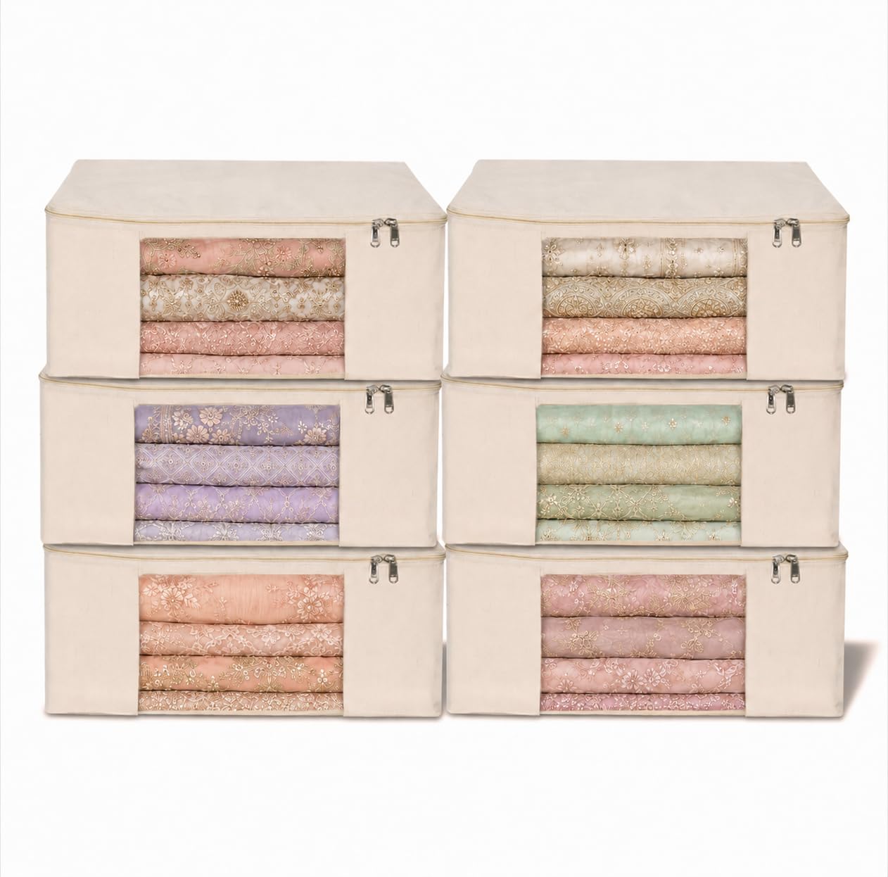 Cotton Canvas Clothes Storage Bags/Saree Covers with Zip for Storage Specially Design for Woman Dresses, Sarees, Lehengas for Wardrobe Organizer (17 x 14 x 7Inch) pack of 4-image-40