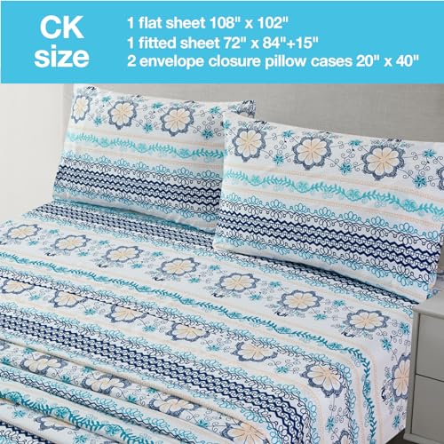 Image of JSD Vintage Blue Boho Floral Printed Sheet Set Cal King Deep Pocket | 4 Piece Soft Botanical Microfiber Sheets, OEKO-TEX Certified, Easy Care