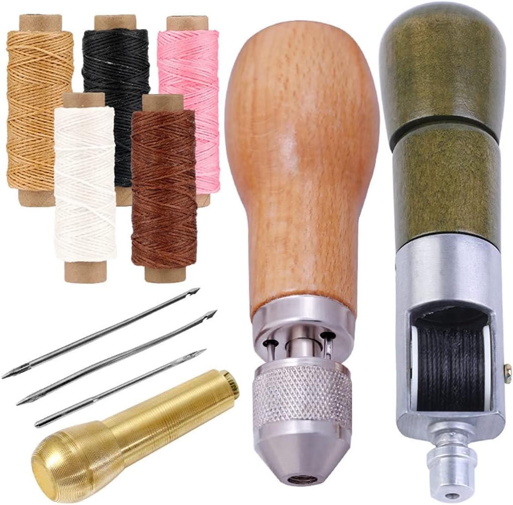 HIONJIN Sewing Awl Kit Portable Stitching Awl Hand Stitcher Repair Tool Kit r with Needles Waxed Threads for Leather DIY Process(E)