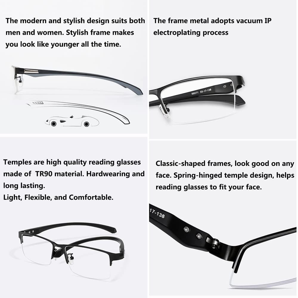 Halbrahmen Lesebrille Herren Progressives Multifokal Lesebrillen Photochrome Sonnenbrille Business-Brille UV400 Anti Glare Asphärische Linse Unisex, Dioptrien +1,0 Bis +3,0 (Size : 3.0 x)