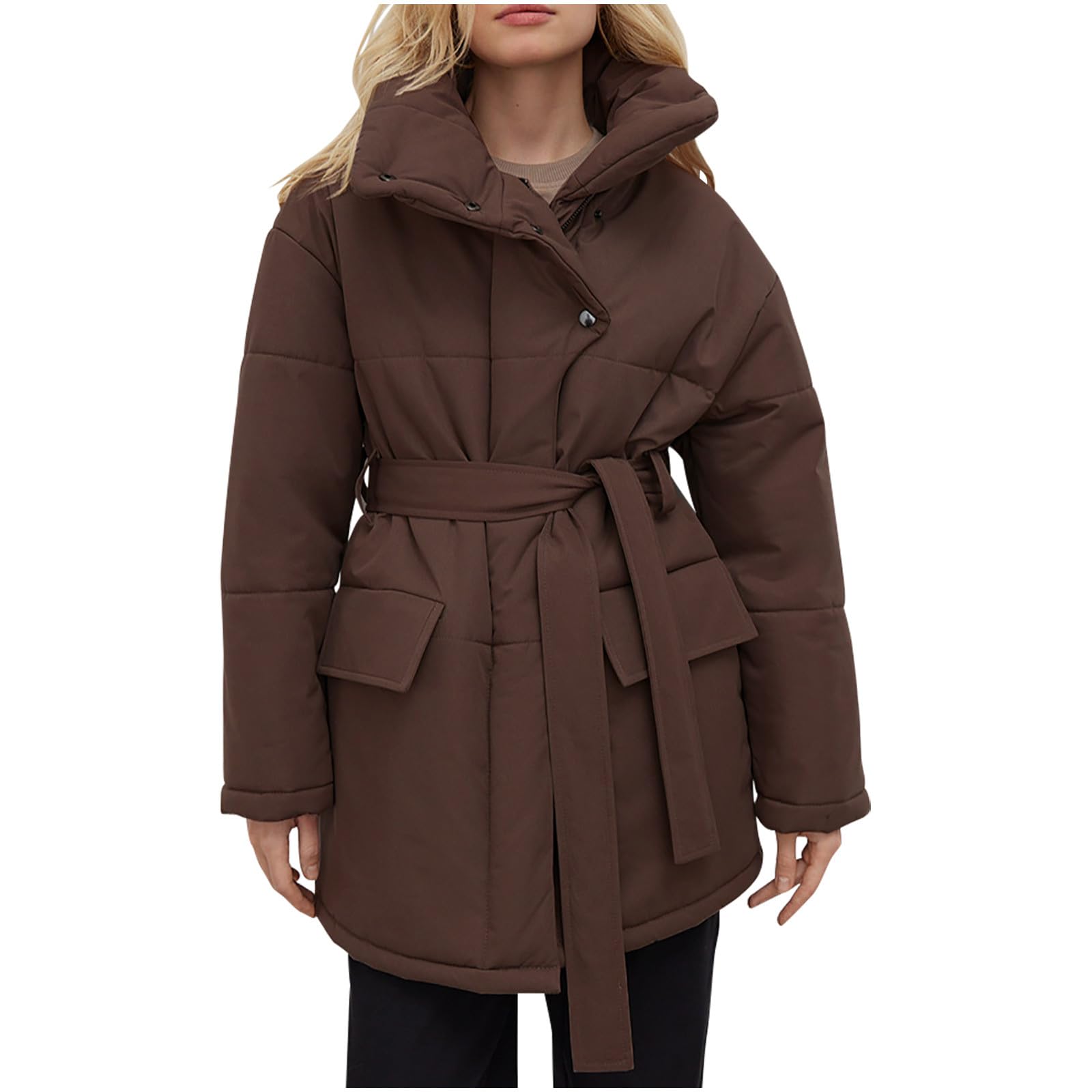 Womens Winter Puffer Coats Casual Button Down Puffy Quilted Jacket Warm Stand Collor Padded Parkas Outerwear with Belt