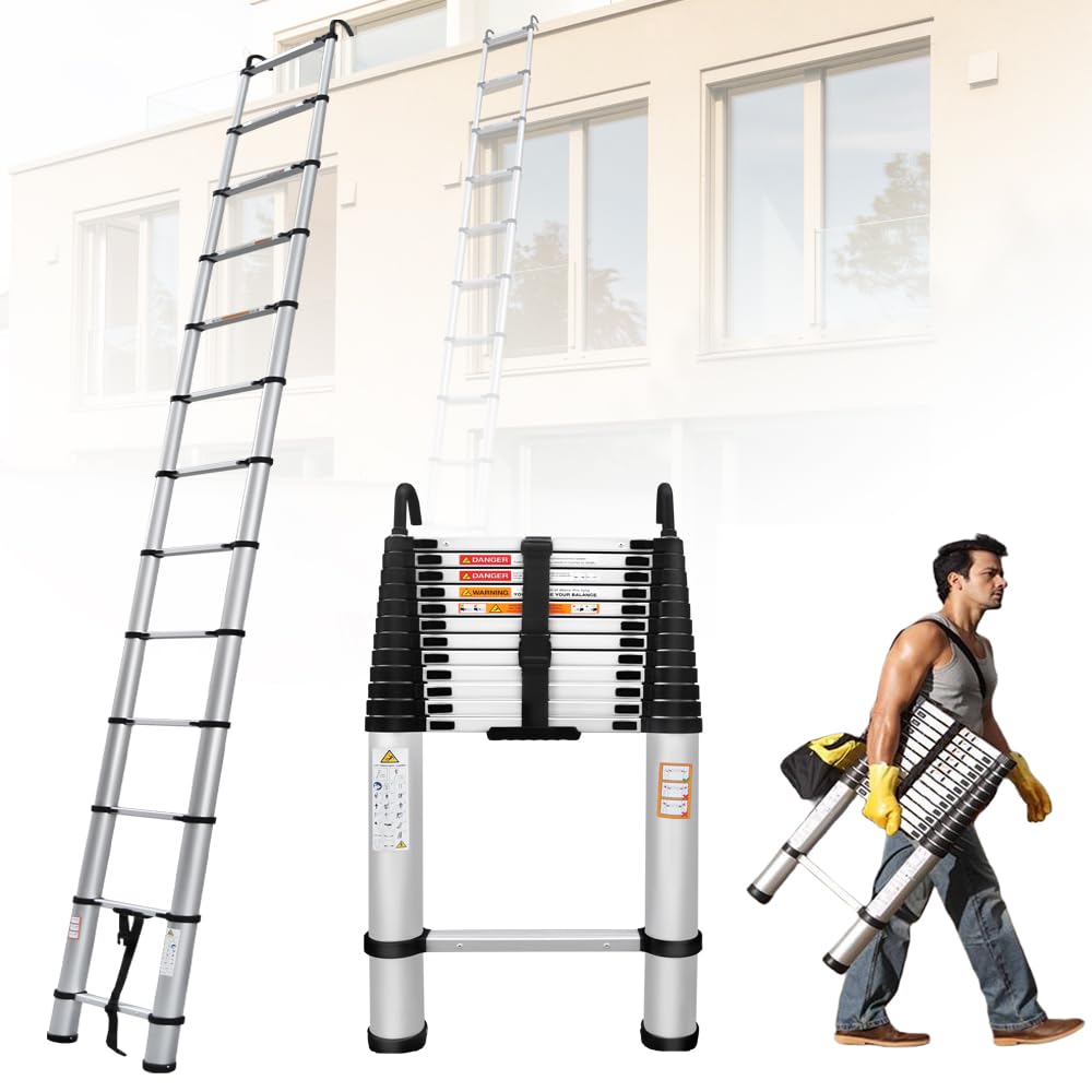 Aluminum Telescoping Ladder, 5M/16.4FT Extendable with Hooks, Portable Foldable Multi-Purpose Loft Ladder for RV, Attic, Max Load 330lb/150kg